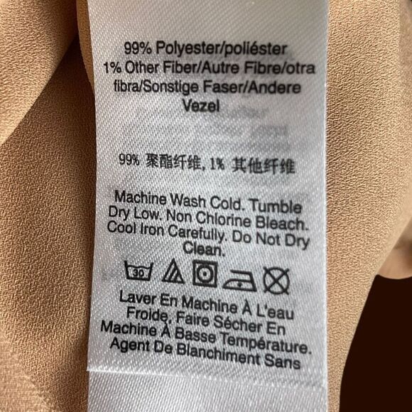 DKNY Women’s Tie Neck Long Sleeve Blouse in Taupe with Gold Contrast Stitching | - Picture 6 of 7